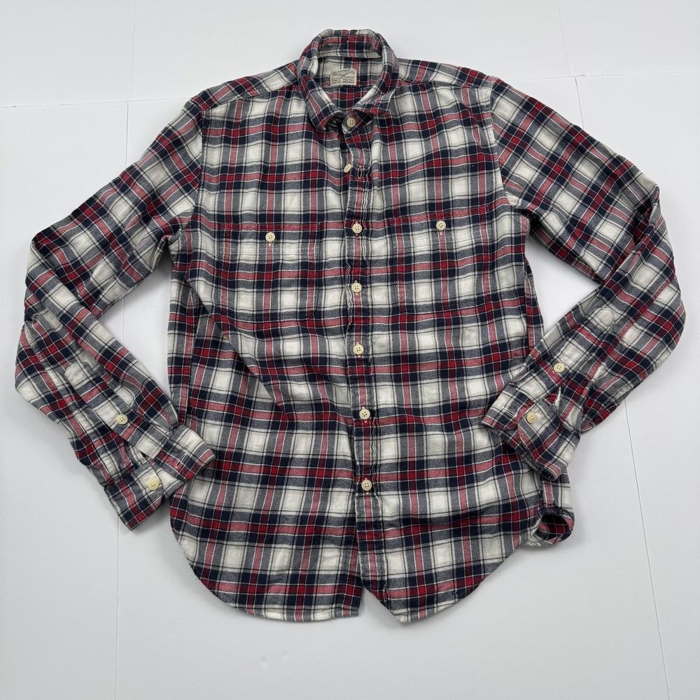 J Crew Mens Medium Red Navy White Plaid Flannel Slim Fit Button Down Shirt